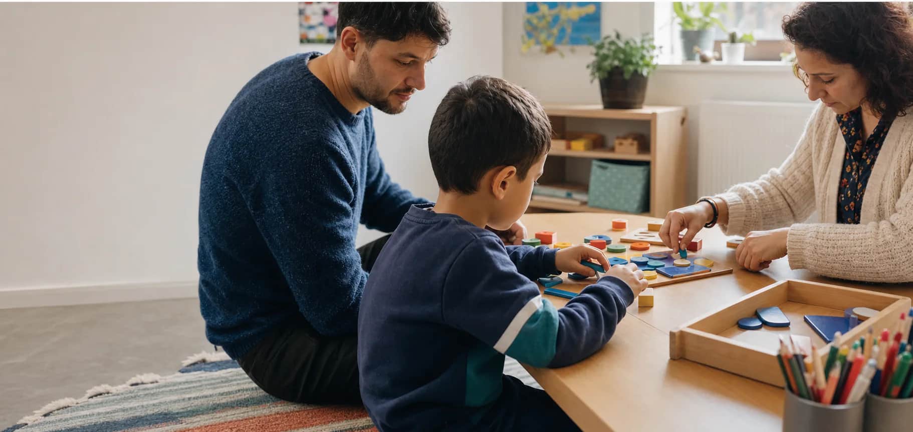 Un copil lucrează cu forme colorate alături de familie și un specialist
